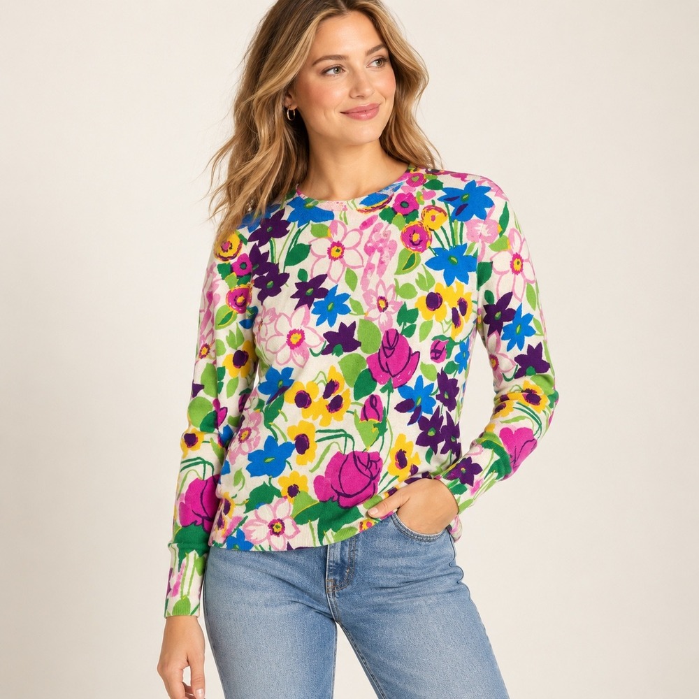 J Crew Margot Vibrant Garden Floral 100% Merino Wool Sweater Womens Small Preppy